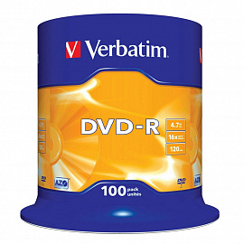Диск DVD-R Verbatim 4.7 ГБ 16x cake box 43549 (100 штук в упаковке)