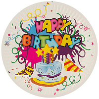 Тарелка одноразовая Волшебная страна Happy Birthday бумажная с рисунком 18 см 6 штук в упаковке