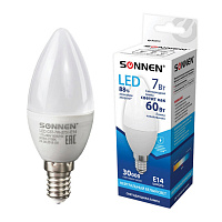 Лампа светодиодная SONNEN, 7 (60) Вт, цоколь Е14, свеча, нейтральный белый свет, 30000 ч, LED C37-7W-4000-E14, 453712