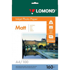 Фотобумага для цветной струйной печати Lomond односторонняя (матовая, А4, 160 г/кв.м, 100 листов, артикул производителя 0102005)