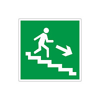 Знак безопасности Направление к эвакуационному выходу по лестнице вниз, правосторонний E13 (200х200 мм, пленка ПВХ, фотолюминесцентный)