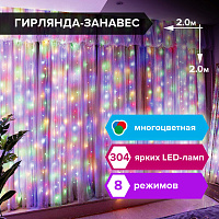 Электрогирлянда светодиодная ЗОЛОТАЯ СКАЗКА "Занавес", 304 лампы, 2х2 м, многоцветная, контроллер, 591105