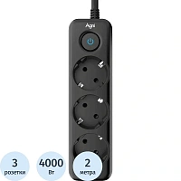 Сетевой фильтр AGNI TP-FD3E-2m-black на 3 розетки 2 метра чёрный