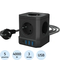 Сетевой фильтр AGNI TP-VE4U5E-C-3m-black на 5 розеток + 4 USB 3 метра чёрный