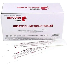 Шпатель деревянный стерильный Unicornmed 18x150 мм (100 штук в упаковке)