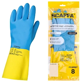 Перчатки КЩС латексные/неопреновые Scaffa Спектр Cem L/N70 с хлопковым напылением желтые/синие (размер 8)