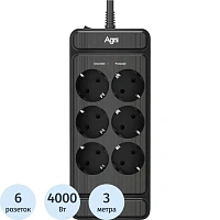 Сетевой фильтр AGNI TP-FS6E-3m-black на 6 розеток 3 метра чёрный