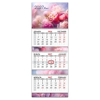 Календарь квартальный 2027 г., 3 блока, 3 гребня, бегунок, мелованная бумага, BRAUBERG EXTRA, "Букет пионов", 118305