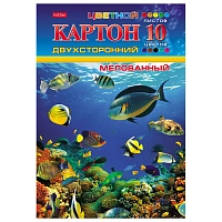 Картон цветной А4, 2-сторонний, МЕЛОВАННЫЙ, 10 листов, 10 цветов, в папке, HATBER, 195х280 мм, "Подводный мир", 095543, 10Кц4_04109