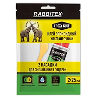 Клей эпоксидный прозрачный, смола + отвердитель, шприц, насадка миксер, лопатка, 2х25 мл, RABBITEX (РАББИТЕКС) "ДВА СЛОНА", 609809