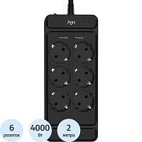 Сетевой фильтр AGNI TP-FS6E-2m-black на 6 розеток 2 метра чёрный