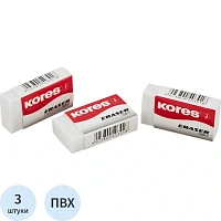 Ластик Kores ПВХ прямоугольный 40x21x10 мм (3 штуки в упаковке)