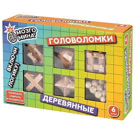 Головоломки деревянные, набор 6 штук, разные уровни сложности, МОЗГОМИНА, 666426