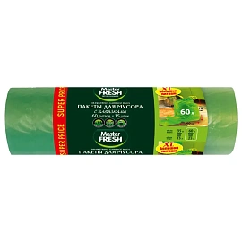Мешки для мусора 60 л, с завязками, 70х60 см, XL, зеленые, 14 мкм, 15 шт., MASTER FRESH