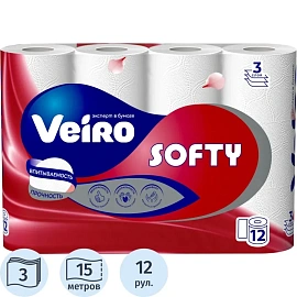 Бумага туалетная Veiro Softy 3-слойная белая (12 рулонов в упаковке)