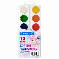 Краски акварельные BRAUBERG 12 цветов "Аниме", медовые, круглые кюветы, 192552
