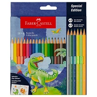 Карандаши цветные Faber-Castell "Dinosaur", 18 цв. + 3 цв. металл. + 3 цв. неон. + наклейки, заточен., картон, европодвес