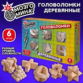 Головоломки деревянные, набор 6 штук, разные уровни сложности, МОЗГОМИНА, 666426