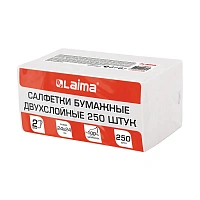 Салфетки бумажные 250 штук, 2-слойные, 24х24 см, LAIMA, белые, 100% целлюлоза, 118714