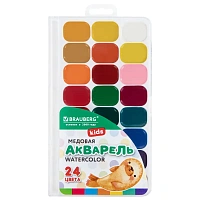Краски акварельные BRAUBERG KIDS NEW, медовые, 24 цвета, квадратные кюветы, пластиковый пенал с европодвесом, 192797