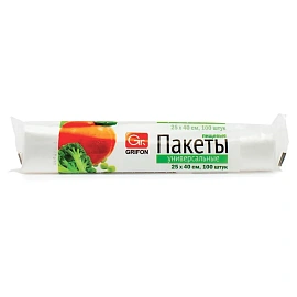 Пакеты фасовочные универсальные в рулоне, ПНД, 25х40 см, 5 л, 100 шт., GRIFON, 101-040