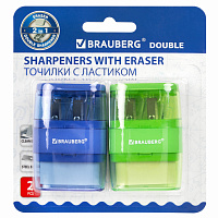 Точилки с ластиком 2 в 1 BRAUBERG "Double", НАБОР 2 ШТУКИ, 2 отверстия, синяя и зеленая, блистер, 271995 фото Точилки с ластиком 2 в 1 BRAUBERG "Double", НАБОР 2 ШТУКИ, 2 отверстия, синяя и зеленая, блистер, 271995