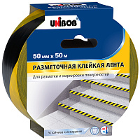 Лента клейкая для разметки Unibob желтая/черная 50 мм x 50 м фото Лента клейкая для разметки Unibob желтая/черная 50 мм x 50 м