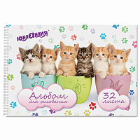 Альбом для рисования, А4, 32 листа, гребень, обложка картон, ЮНЛАНДИЯ, 205х290 мм, "Котики" (1 вид), 105077 фото Альбом для рисования, А4, 32 листа, гребень, обложка картон, ЮНЛАНДИЯ, 205х290 мм, "Котики" (1 вид), 105077