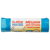 Мешки для мусора с завязками LAIMA "ULTRA" 60 л, синие, рулон 20 шт., прочные, ПНД 17 мкм, 60х70 см, 607692 фото Мешки для мусора с завязками LAIMA "ULTRA" 60 л, синие, рулон 20 шт., прочные, ПНД 17 мкм, 60х70 см, 607692