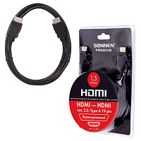 Кабель HDMI AM-AM, 1,5 м, SONNEN Premium, ver 2.0, FullHD, 4К, UltraHD, для ноутбука, компьютера, монитора, телевизора, проектора, 513130 фото Кабель HDMI AM-AM, 1,5 м, SONNEN Premium, ver 2.0, FullHD, 4К, UltraHD, для ноутбука, компьютера, монитора, телевизора, проектора, 513130