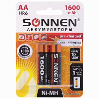 Батарейки аккумуляторные Ni-Mh пальчиковые КОМПЛЕКТ 2 шт., АА (HR6) 1600 mAh, SONNEN, 454233 фото Батарейки аккумуляторные Ni-Mh пальчиковые КОМПЛЕКТ 2 шт., АА (HR6) 1600 mAh, SONNEN, 454233