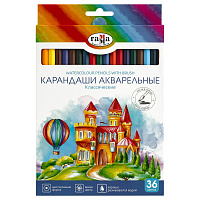 Карандаши акварельные Гамма "Классические", 36цв., шестигранные, заточен., с кистью, картон. упак., европодвес фото Карандаши акварельные Гамма "Классические", 36цв., шестигранные, заточен., с кистью, картон. упак., европодвес