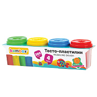 Тесто-пластилин для лепки СУПЕР ПЛАСТИЧНОЕ, 4 цвета, 200 г, крышки-штампики, BAMBOX (БАМБОКС), 107247