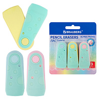 Ластики BRAUBERG "ULTRA PASTEL", НАБОР 3 ШТУКИ, 57х24х15 мм, ассорти пастель, бирюзовый пластиковый держатель, блистер, 272689 фото Ластики BRAUBERG "ULTRA PASTEL", НАБОР 3 ШТУКИ, 57х24х15 мм, ассорти пастель, бирюзовый пластиковый держатель, блистер, 272689