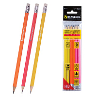 Карандаши чернографитные BRAUBERG НАБОР 6 шт., НВ, трехгранные, с резинкой, корпус ассорти, заточенные, 180630