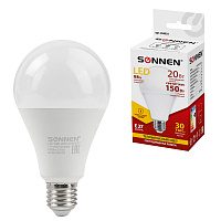 Лампа светодиодная SONNEN, 20 (150) Вт, цоколь Е27, груша, теплый белый, 30000 ч, LED A80-20W-2700-E27, 454921 фото Лампа светодиодная SONNEN, 20 (150) Вт, цоколь Е27, груша, теплый белый, 30000 ч, LED A80-20W-2700-E27, 454921