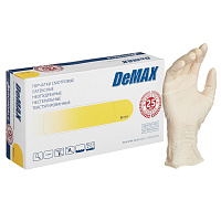 Перчатки медицинские смотровые латексные DeMax нестерильные неопудренные размер M (7-8) белые (50 пар/100 штук в упаковке) фото Перчатки медицинские смотровые латексные DeMax нестерильные неопудренные размер M (7-8) белые (50 пар/100 штук в упаковке)