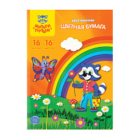 Цветная бумага офсетная А4, Мульти-Пульти, двустор., 16л., 16цв., в папке, "Приключения Енота фото Цветная бумага офсетная А4, Мульти-Пульти, двустор., 16л., 16цв., в папке, "Приключения Енота