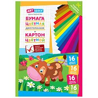 Набор А4 цв. немел. картона, 16л., 16цв. и цв. двустор. газет. бумаги, 16л.,16цв., ArtSpace "Коровка", в папке фото Набор А4 цв. немел. картона, 16л., 16цв. и цв. двустор. газет. бумаги, 16л.,16цв., ArtSpace "Коровка", в папке