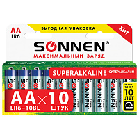 Батарейки КОМПЛЕКТ 10 шт., SONNEN Super Alkaline, АА (LR6,15А), алкалиновые, пальчиковые, в коробке, 454231 фото Батарейки КОМПЛЕКТ 10 шт., SONNEN Super Alkaline, АА (LR6,15А), алкалиновые, пальчиковые, в коробке, 454231