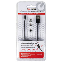 Кабель магнитный для зарядки 3 в 1 USB 2.0-Micro USB/Type-C/Ligtning, 1 м, SONNEN, черный, 513561 фото Кабель магнитный для зарядки 3 в 1 USB 2.0-Micro USB/Type-C/Ligtning, 1 м, SONNEN, черный, 513561
