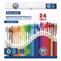 Карандаши цветные акварельные BRAUBERG 24 цвета с КИСТЬЮ, шестигранные, грифель 3 мм, натуральное дерево, 181849