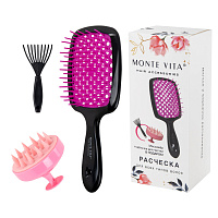 Расческа для волос массажная 20х8,5 см, массажер и щетка для чистки В ПОДАРОК, черная/розовая, MONTE VITA (МОНТЕ ВИТА), 457430