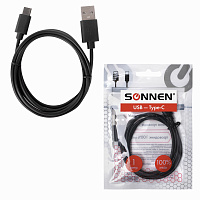 Кабель USB 2.0 – Type-C, 1 м, SONNEN, медь, для передачи данных и зарядки, черный, 513117 фото Кабель USB 2.0 – Type-C, 1 м, SONNEN, медь, для передачи данных и зарядки, черный, 513117
