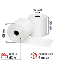 Чековая лента из термобумаги 80 мм намотка 63 м диаметр 65 мм втулка 12 мм (6 штук в упаковке) фото Чековая лента из термобумаги 80 мм намотка 63 м диаметр 65 мм втулка 12 мм (6 штук в упаковке)