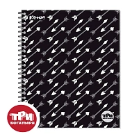 Тетрадь общая Комус Три богатыря Стрелы А5+ 80 листов в клетку на спирали (обложка черная, УФ-выборочный глянцевый лак)