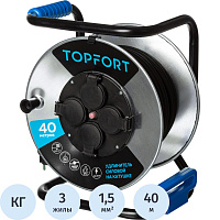 Удлинитель на катушке металл TOPFORT КГ 3x1.5 кв.мм. 40 м 16 А 3600 Вт IP44 с заземлением 4 розетки фото Удлинитель на катушке металл TOPFORT КГ 3x1.5 кв.мм. 40 м 16 А 3600 Вт IP44 с заземлением 4 розетки