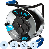 Удлинитель на катушке металл TOPFORT КГ 3x2.5 кв.мм. 25 м 16 А 3600 Вт IP44 с заземлением 4 розетки фото Удлинитель на катушке металл TOPFORT КГ 3x2.5 кв.мм. 25 м 16 А 3600 Вт IP44 с заземлением 4 розетки