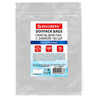 Пакеты дой-пак с замком ZIP LOCK, прозрачные, 140х200 + 40 мм, КОМПЛЕКТ 100 штук, 70 мкм, BRAUBERG, 700697