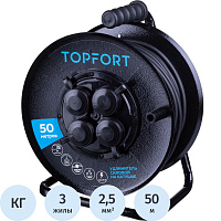 Удлинитель на катушке металл TOPFORT КГ 3x2.5 кв.мм. 50 м 16 А 3500 Вт IP44 с заземлением 4 розетки фото Удлинитель на катушке металл TOPFORT КГ 3x2.5 кв.мм. 50 м 16 А 3500 Вт IP44 с заземлением 4 розетки